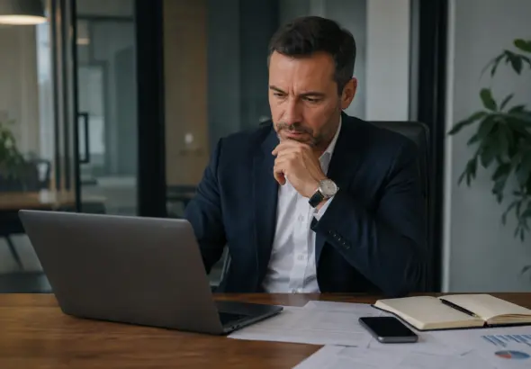 Antreprenor care verifică oferta unui furnizor B2B înainte de prima comandă