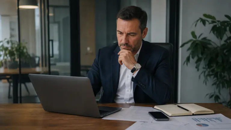 Antreprenor care verifică oferta unui furnizor B2B înainte de prima comandă